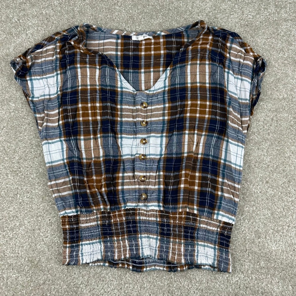 Maurices Plaid Smocked Waist Top Small Brown Blue Rayon Boho Peplum Cottage Fall
